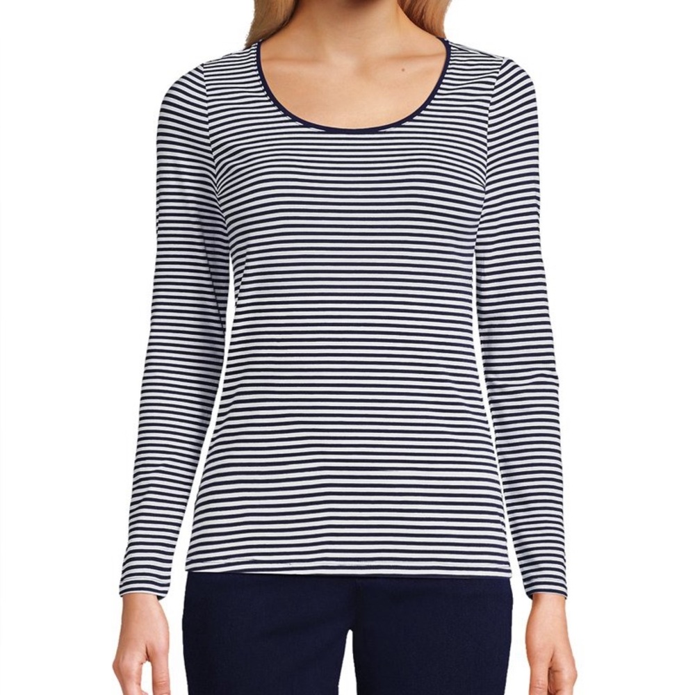 Lands' End Navy and White Micro Striped Long Sleeve Tee